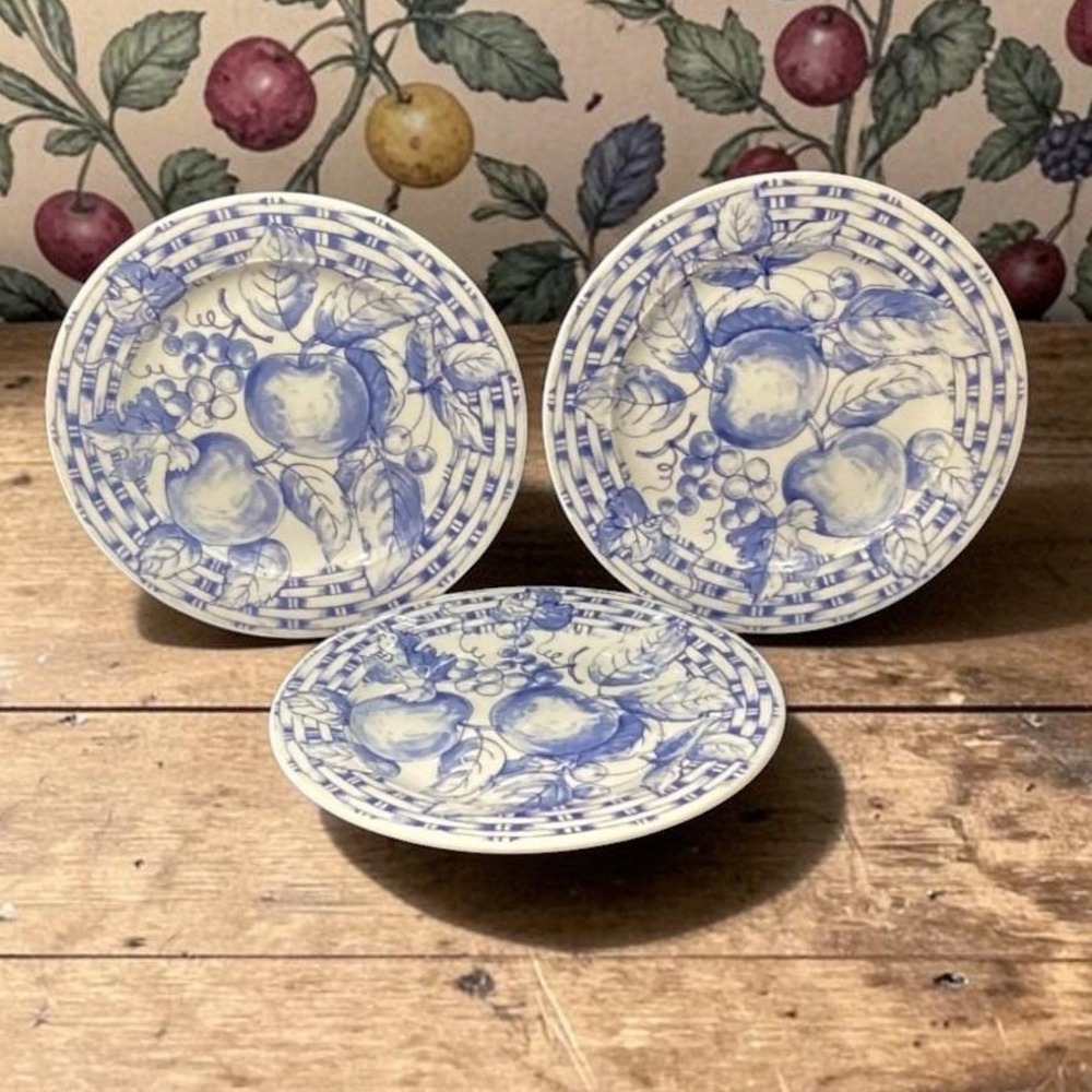 Pier 1 Blue Fruit Designed Salad Plates, Set of 3, Vtg Hand Painted Earthenware